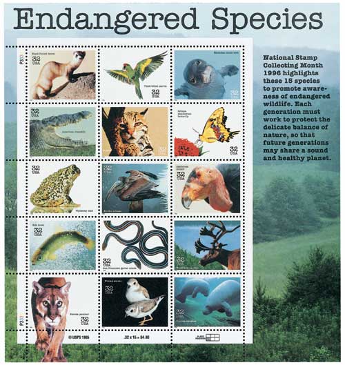 1996 US - Sc3105 32¢ Endangered Species Pane (15) MNH